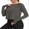 Bestisun Winter Workout Dance Tops Split Back Gym Clothes Cropped Sweatshirts Fall Long Sleeve Thumbhole Shirts Heather Gray L view 2