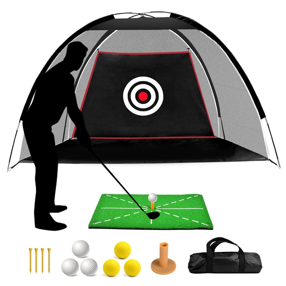 ASENVER Black Golf Practice Net Set - 6.6x4.4 FT with Hitting Mat, Target Cloth and Carrying Bag