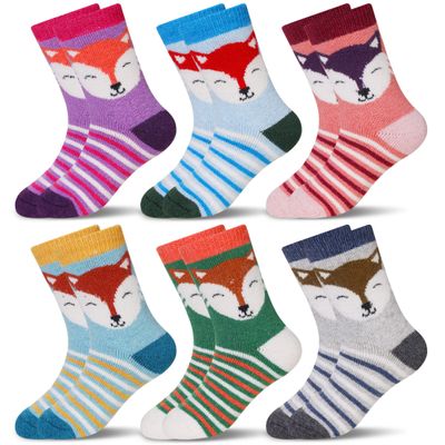 Eocom 6 Pairs Children's Winter Warm Wool Animal Crew Socks Kids Boys Girls Socks (8-12 Years, Fox)