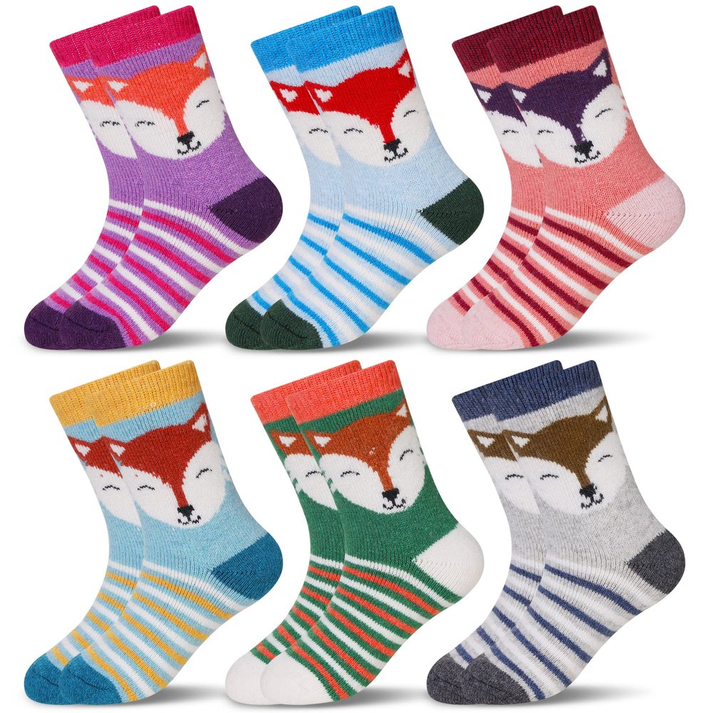 Eocom 6 Pairs Children's Winter Warm Wool Animal Crew Socks Kids Boys Girls Socks (8-12 Years, Fox)