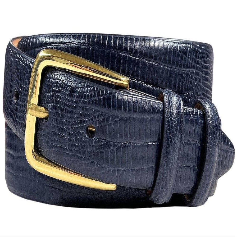Andrea Women's Dress Belt Solid Brass Buckle (Gold) Italian Calfskin Genuine Leather Dress Belt 1-1/8"(30mm) Wide (Lizard Navy, 38)