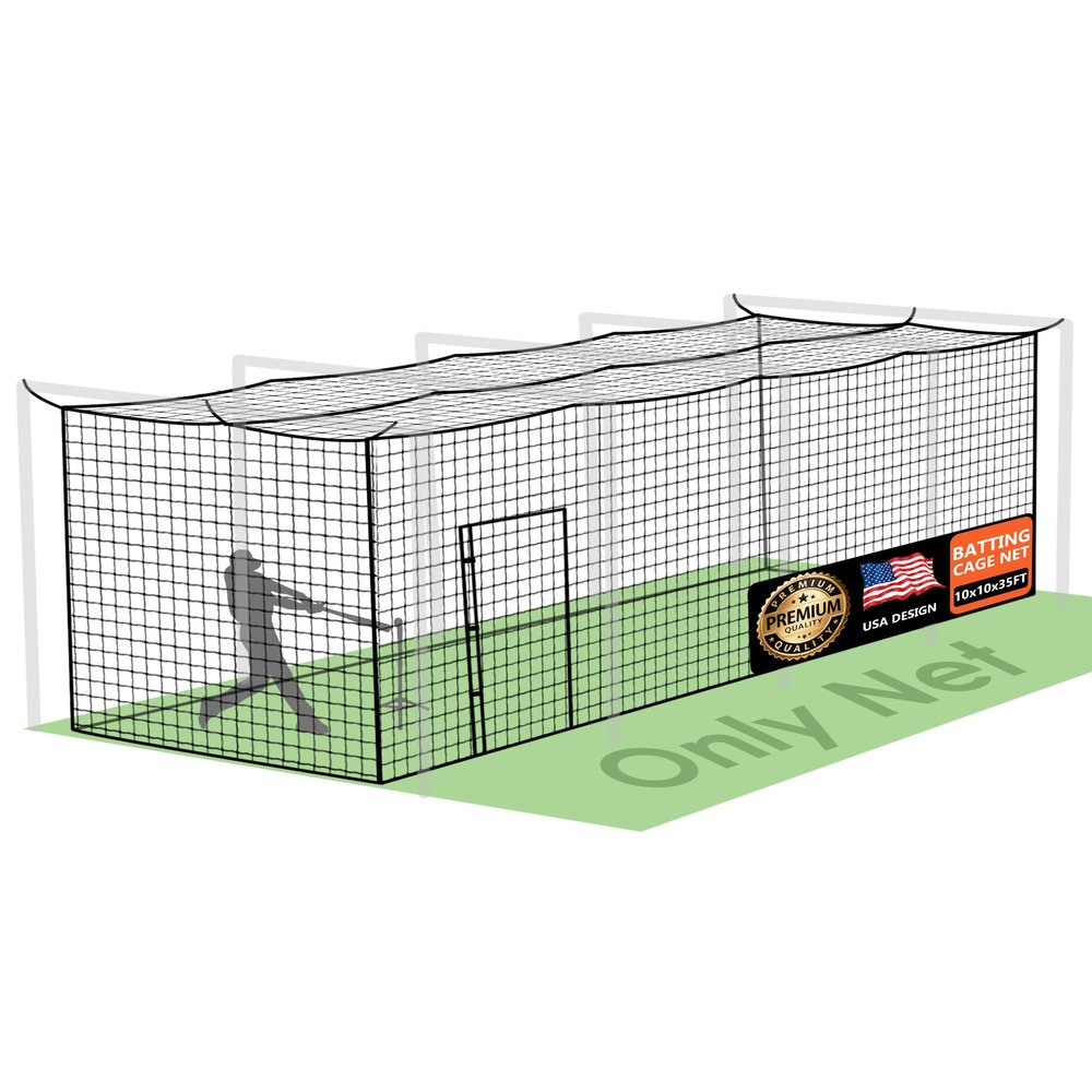 Baseball Batting Cage Nets, ONLY NET, 10'H x10'W x 35'L Baseball and Softball Cage Netting, 1.88" Mesh, Professional Fully Enclosed Heavy Duty PE Hitting Cage Net with Door, Without Poles