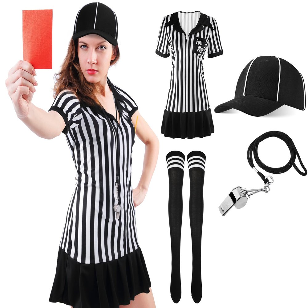 SATINIOR 5 Pcs Women Referee Costume Set Umpire Outfit Stripe Ref Shirt Hat Long Socks Whistle for Halloween Cosplay Party(XX-Large)