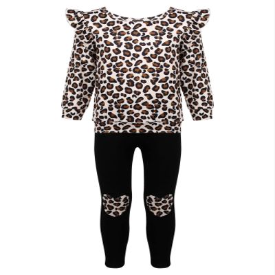 winying Kids Girls 2PCS Outfits Casual Leopard Long Sleeve Ruffle Shirt Tops with Stretchy Slim Pants Yellow 3-4 Years