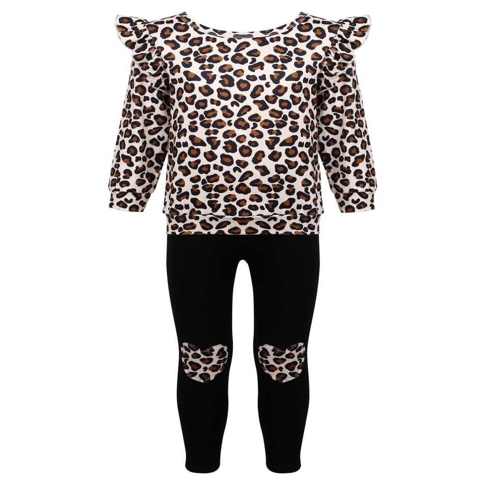 winying Kids Girls 2PCS Outfits Casual Leopard Long Sleeve Ruffle Shirt Tops with Stretchy Slim Pants Yellow 3-4 Years