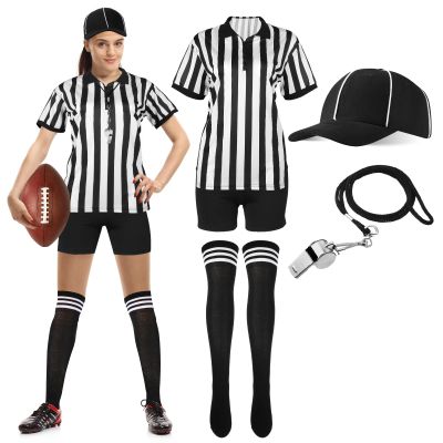 SATINIOR 6 Pcs Women Referee Costume Black and White Stripe Ref Shirt Jersey Shorts Referee Hat for Halloween Party Cosplay(Medium)