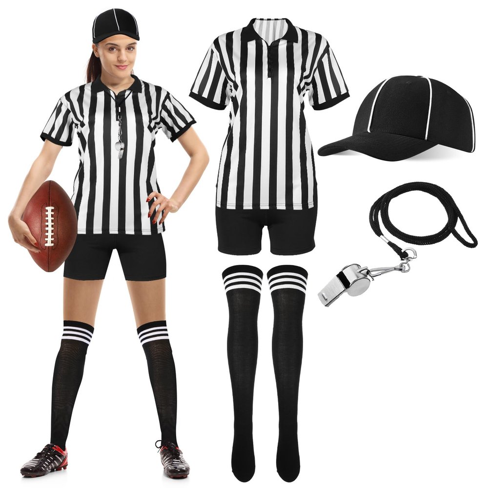 SATINIOR 6 Pcs Women Referee Costume Black and White Stripe Ref Shirt Jersey Shorts Referee Hat for Halloween Party Cosplay(3X-Large)