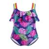 Daenrui Kids Girls One Piece Bathing Suit Rainbow Straps Ruffle Swimwear Hawaiian Beach Floral Swimsuit Navy Blue 4 Years view 1