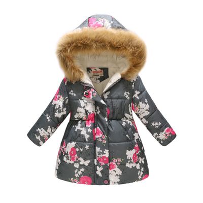 easyforever Girls Flower Print Hooded Coat Padded Outerwear Zip-up Fleece-Lined Hooded Coat Windproof Long Padded Jacket Gray&Plum Flower 2-3 Years