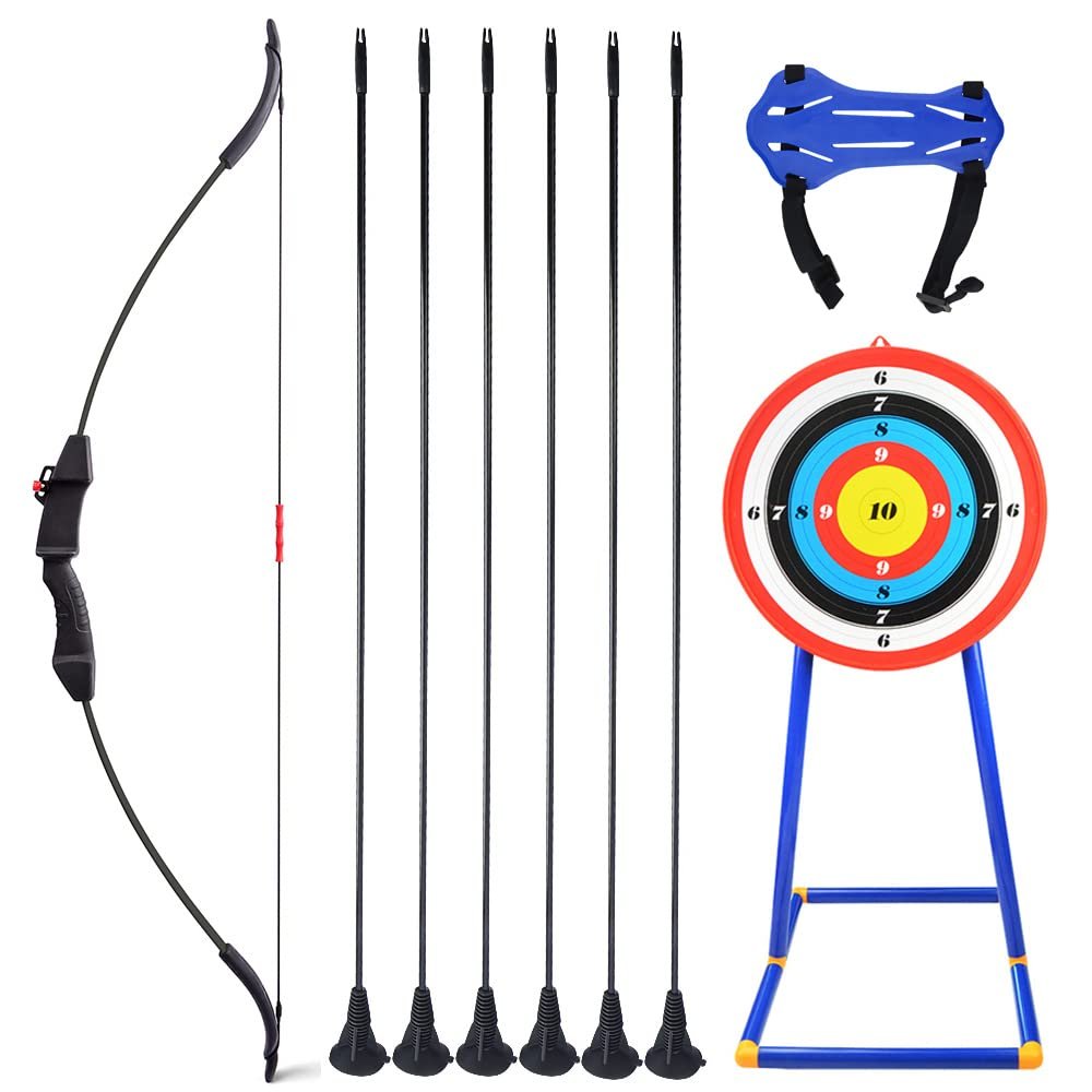 ZSHJGJR Recurve Bow and Arrow Set for Youth Kids 4-16, Outdoor Game Basic Archery Set with 6 Suction Cup Arrows 1 Archery Target and Stand 1 Arm Guard, Black/Blue/Green/Red Color (Black)