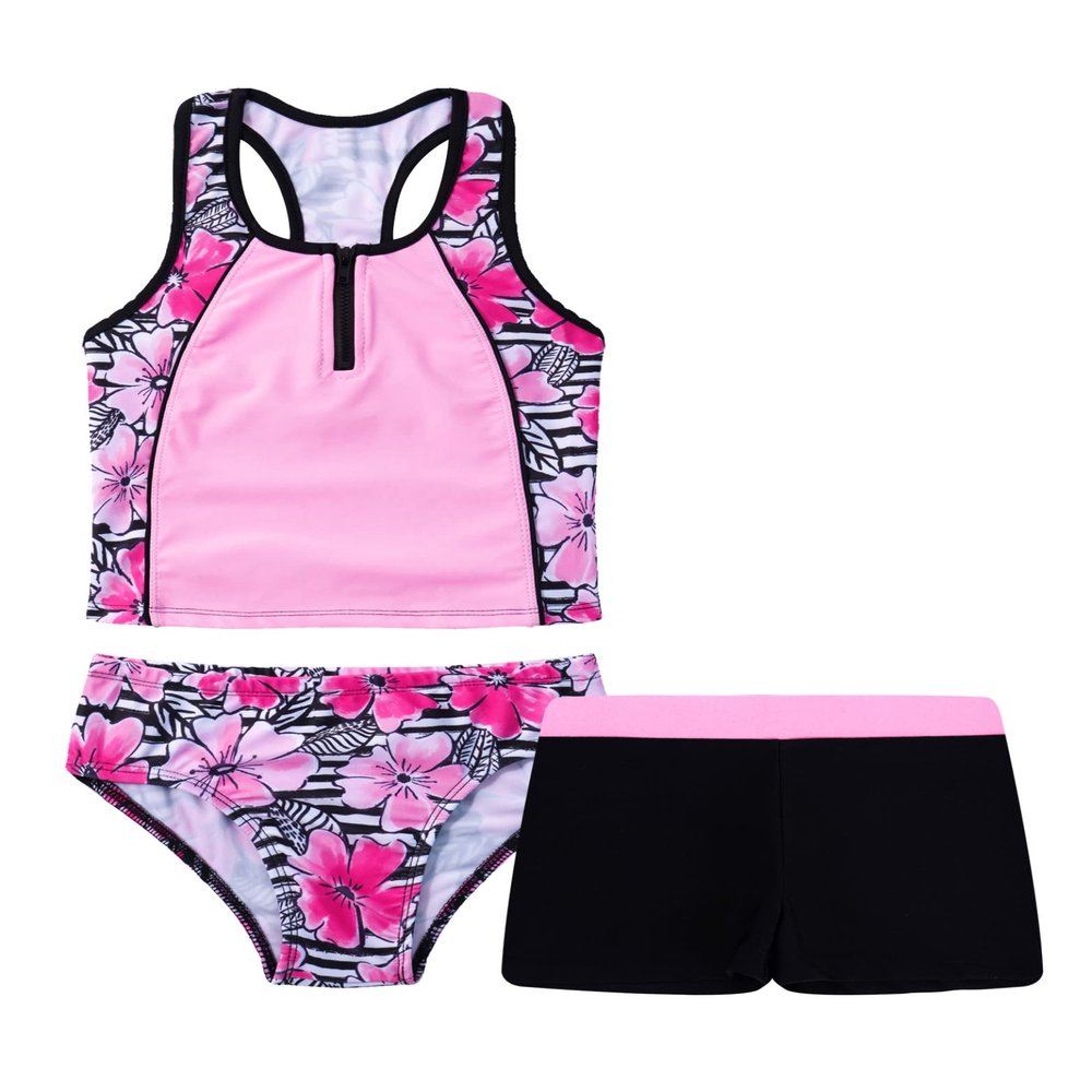 Daenrui Kids Big Girls Fashion 3 Pieces Print Tankini Swimwear Summer Beach Athletic Swimsuit Bathing Suit Pink 10 Years