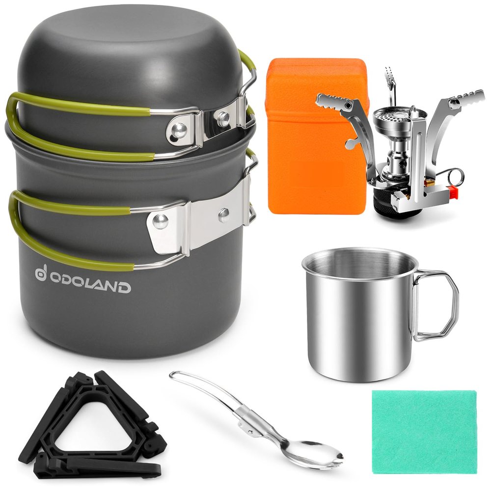 Odoland 8pcs Camping Cookware Mess Kit, Camping Pot and Pan Set with Mini Backpacking Stove, Stainless Steel Cup, Spork and Tank Bracket, Cooking Gear for Outdoor, Hiking, Picnic, Campfire, Green