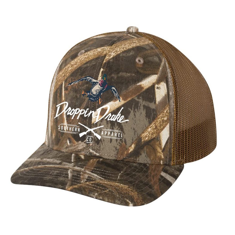 Droppin Drake Southern Apparel Co Mallard Duck and Gun X Logo Mesh Back Trucker Hat-Buck Camo, One Size-X-Large