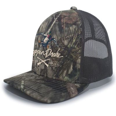 Droppin Drake Mallard Duck and Gun X Logo Mesh Back Trucker Hat-Breakup Country Camo/Chocolate, One Size-X-Large