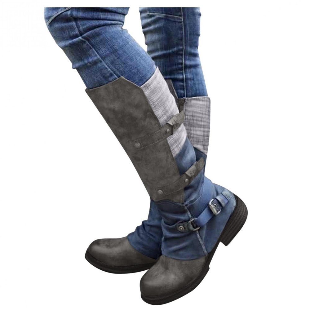 Bcshiye Women's Riding Boots Chunky Low Flat Heel Winter Knee High Dress Boot Round Toe Buckle Military Boots