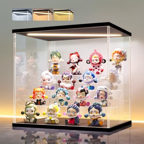 LANSCOERY LED Lighted Acrylic Display Case, 4 Tier Display Box for Collectibles and Action Figures, Clear Dustproof Organizer with Black Base  11.8x8.9x11inch