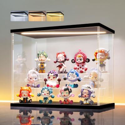 LANSCOERY LED Lighted Acrylic Display Case, 3 Tier Display Box for Collectibles and Action Figures, Clear Dustproof Organizer with Black Base 11.8x6.3x9.4inch