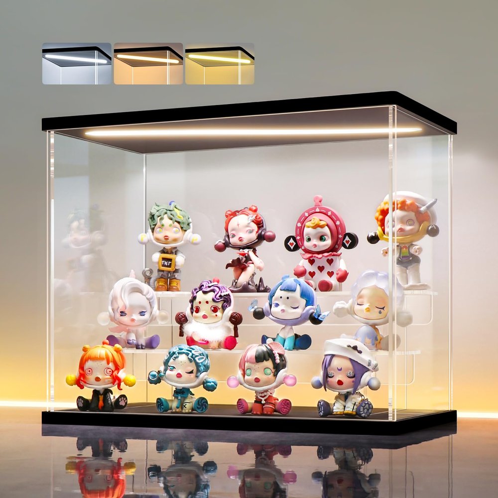 LANSCOERY LED Lighted Acrylic Display Case, 3 Tier Display Box for Collectibles and Action Figures, Clear Dustproof Organizer with Black Base 11.8x6.3x9.4inch