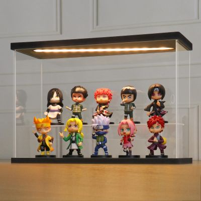 LANSCOERY LED Lighted Acrylic Display Case, 2 Tier Display Box for Collectibles and Action Figures, Clear Dustproof Organizer with Black Base  11.8x4.3x7.9inch