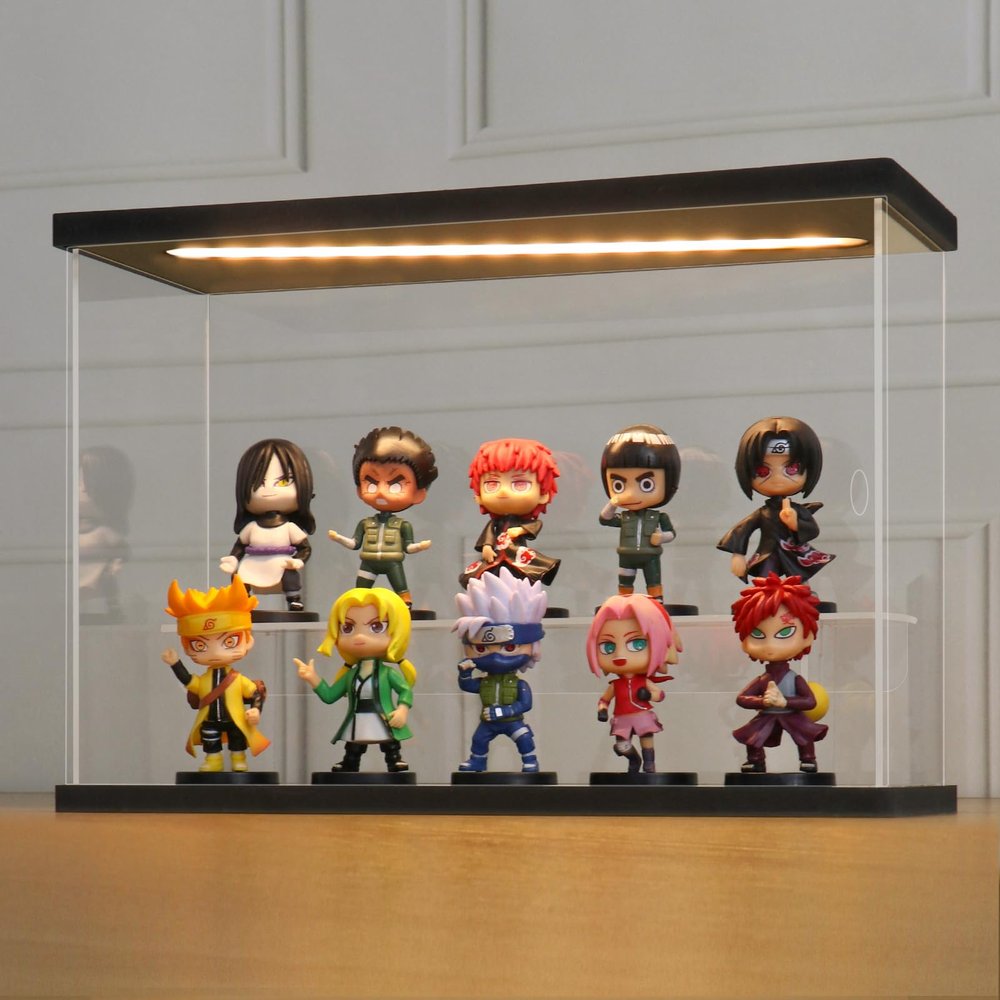 LANSCOERY LED Lighted Acrylic Display Case, 2 Tier Display Box for Collectibles and Action Figures, Clear Dustproof Organizer with Black Base  11.8x4.3x7.9inch