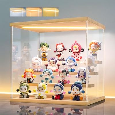 LANSCOERY LED Lighted Acrylic Display Case, 4 Tier Display Box for Collectibles and Action Figures, Clear Dustproof Organizer with Wooden Base  11.8x8.9x11inch