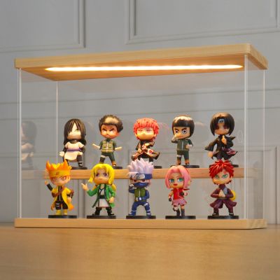 LANSCOERY LED Lighted Acrylic Display Case, 2 Tier Display Box for Collectibles and Action Figures, Clear Dustproof Organizer with Wooden Base 11.8x4.3x7.9inch