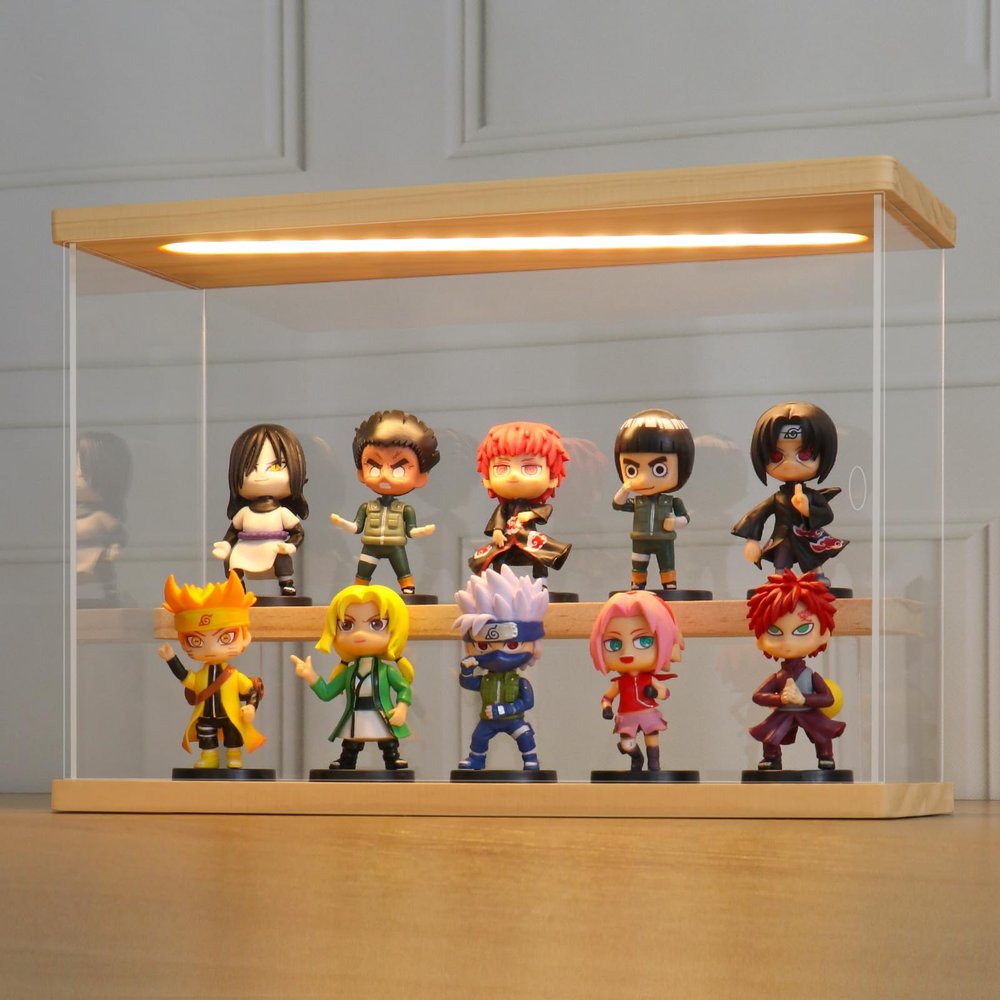 LANSCOERY LED Lighted Acrylic Display Case, 2 Tier Display Box for Collectibles and Action Figures, Clear Dustproof Organizer with Wooden Base 11.8x4.3x7.9inch