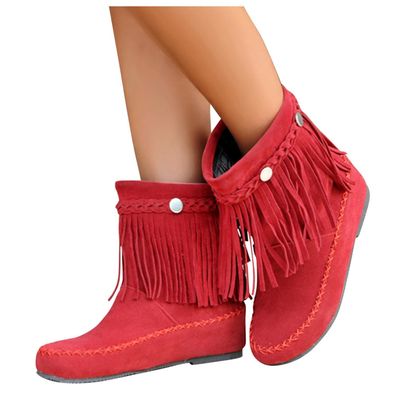 Bcshyie Tassel Ankle Boots for Women Round Toe Flat Heel Suede Fringed Snow Boots Warm Winter Boots Party Booties