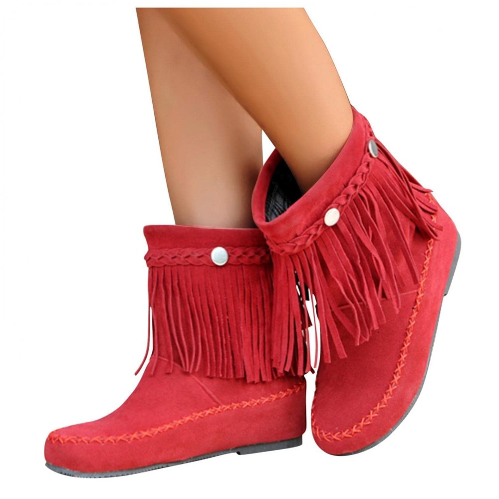 Bcshyie Tassel Ankle Boots for Women Round Toe Flat Heel Suede Fringed Snow Boots Warm Winter Boots Party Booties