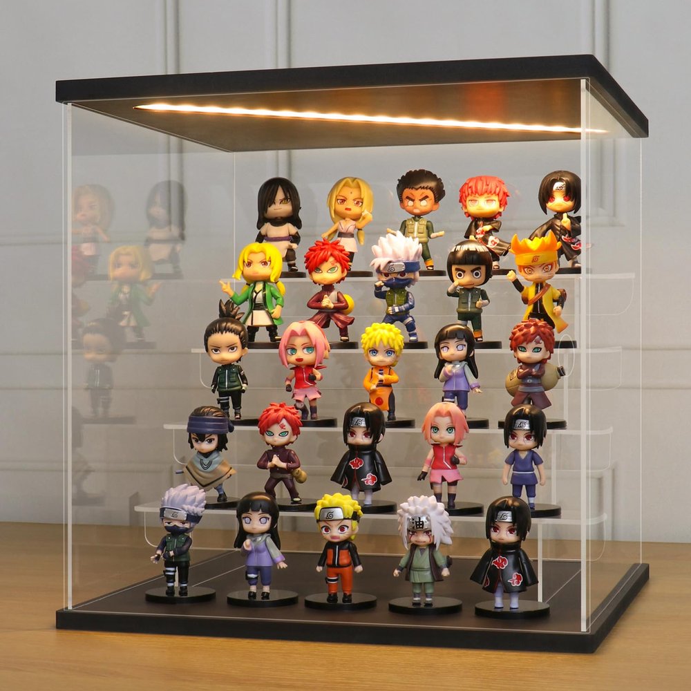 LANSCOERY LED Lighted Acrylic Display Case, 5 Tier Display Box for Collectibles and Action Figures, Clear Dustproof Organizer with Black Base  11.8x11x11.8inch