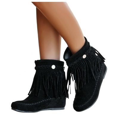 Bcshyie Tassel Ankle Boots for Women Round Toe Flat Heel Suede Fringed Snow Boots Warm Winter Boots Party Booties