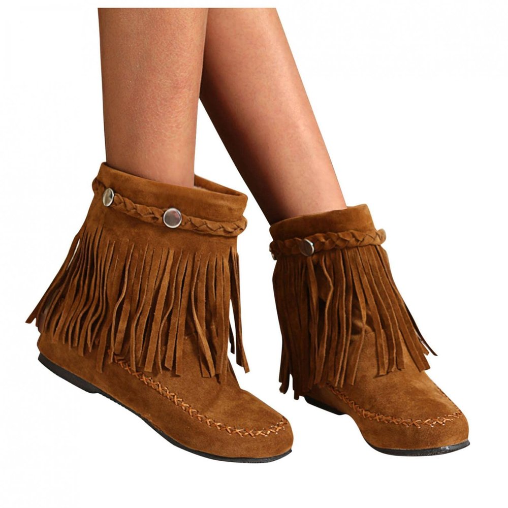 Bcshyie Tassel Ankle Boots for Women Round Toe Flat Heel Suede Fringed Snow Boots Warm Winter Boots Party Booties