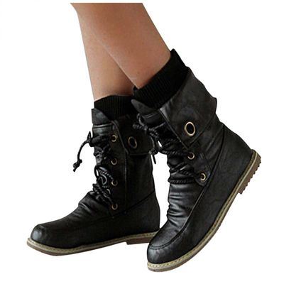 Bcshiye Women Retro Ankle Boots Arch Support Mid Calf Combat Boots Casual Flat Lace-up Round Toe Motorcycle Boots