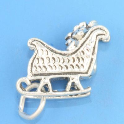 Charm - Sterling Silver - Jewelry - Pendant - Santa Claus Sleigh Sled 3D Christmas