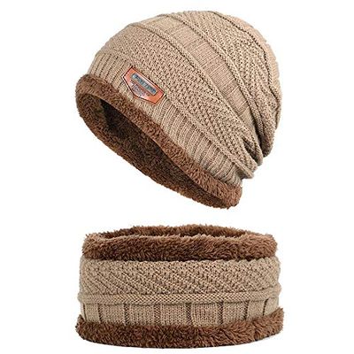 Bundle Up Beanie Set - Unisex Youth Hat and Neck Warmer - Khaki/Gray