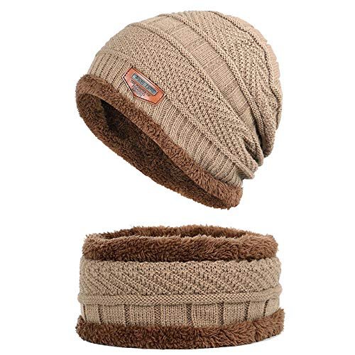 Bundle Up Beanie Set - Unisex Youth Hat and Neck Warmer - Khaki/Gray