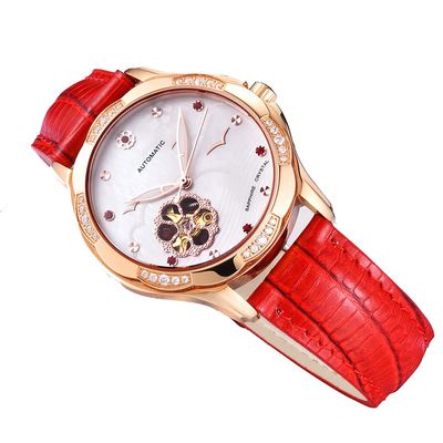 SHATONG Women's Flower-Shaped Hollow Dial Casual Luxury Automatic Skeleton Mechanical Watch with Leather Band Waterproof Luminous Analog Wrist Watch for Women
