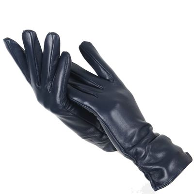 Classic Pleated Leather Gloves Women Color Real Leather Gloves Women Sheepskin Leather Winter Gloves Women Navy Blue 8.5