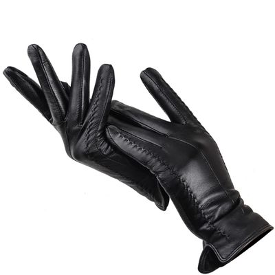 Fashion White Leather Gloves Women Leather White Gloves Sheepskin Short Comfortable Women's Gloves Warm Lining Black 6.5