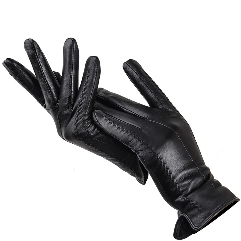 Fashion White Leather Gloves Women Leather White Gloves Sheepskin Short Comfortable Women's Gloves Warm Lining Black 6.5