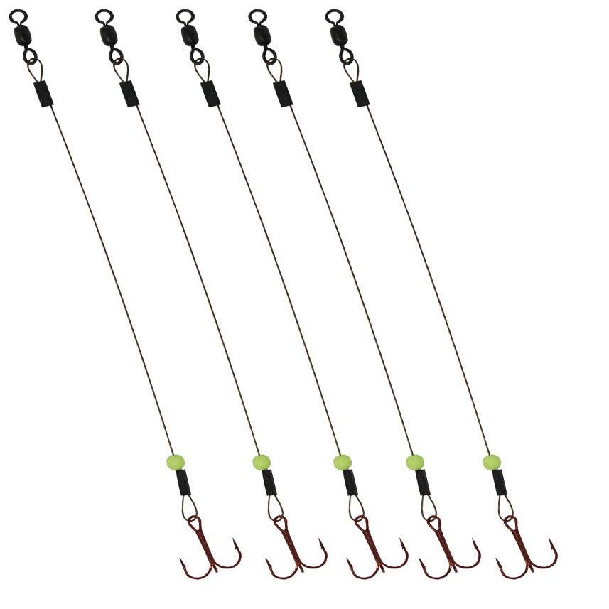 Tooth Shield Tackle Ice Fishing Tip Up Leader/Rig (90 lb) / Ice Fishing Sucker Walleye Pike Musky Predator Rig (5 Pack) [Camo Wire/Chartreuse Bead] (Hook Size: 2)