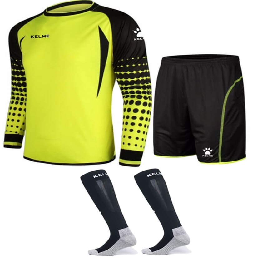 KELME Soccer Goalie Jersey Padded Uniform Kit - Goalkeeper Jersey, Shorts & Socks - Mens Football Padded Shirt - Kids and Adult Sizes (Yellow, Kids 10)