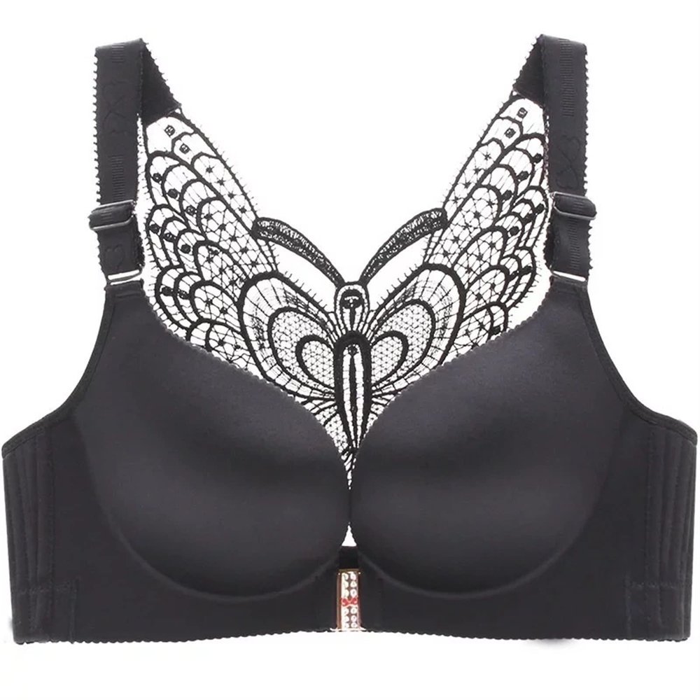 XMSM Womens Front Closure Bras Butterfly Beauty Back Bralette Oversize Wire-Free Bra Sexy Lingerie for Women (Color : Black, Size : 48/110D)