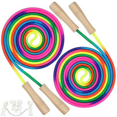 Double Dutch Jump Rope 16 ft 2 Pack, Adjustable Long Skipping Rope with Wooden Handle, Multiplayer Team Jumping Rope for Kids Adults, Long Enough for 5-6 Jumpers (Rainbow color)