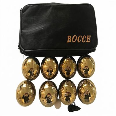 BuyBocceBalls Listing - 73mm Metal Bocce and Petanque Set with 8 Gold Balls and Black Bag