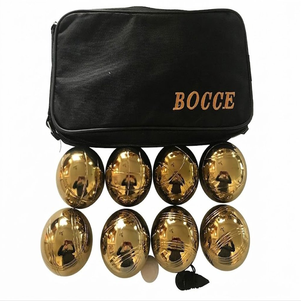 BuyBocceBalls Listing - 73mm Metal Bocce and Petanque Set with 8 Gold Balls and Black Bag