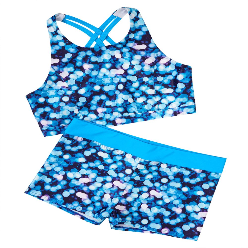 Daenrui Kids Girls 2 Piece Gymnastics Dance Athletic Set Crop Tops with Booty Shorts Activewear Swimwear Blue 12 Years