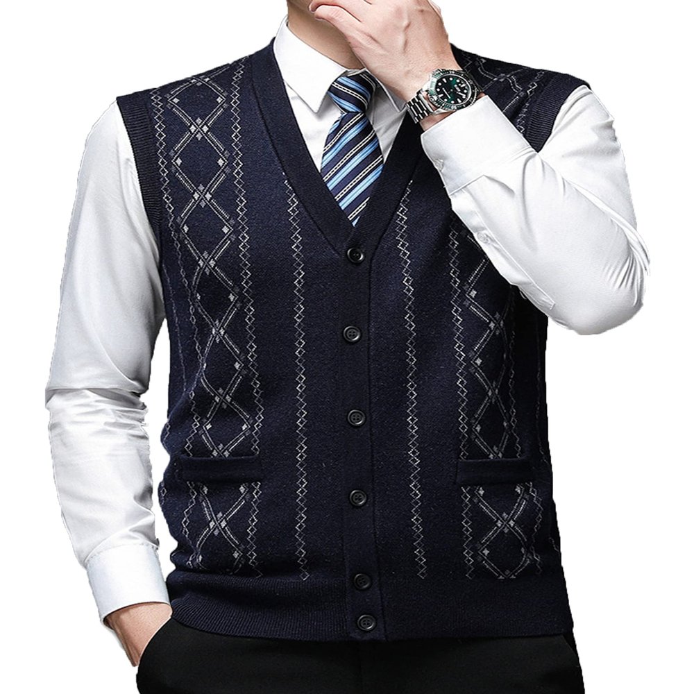 Kaxiya2021 Men's Solid Color V-Neck Sweater Fashion Temperament Sleeveless Thread Pullover Business Single-Breasted Knitted Vest (Navy,3X-Large)