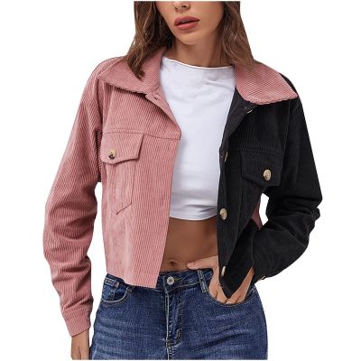 tuduoms Women's Sexy Corduroy Cropped Jacket Color Block Button Up Long Sleeve Corduroy Shirt Short Cardigan Crop Top