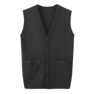 Men's V-Neck Cardigan Sweater Business Solid Color Single-Breasted Knitted Vest Casual All-Match Sleeveless Pocket Top (Dark Gray,XX-Large)